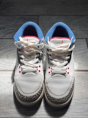 Nike Air Jordan White Sneakers with Blue Collar Red detail and Elephant Print